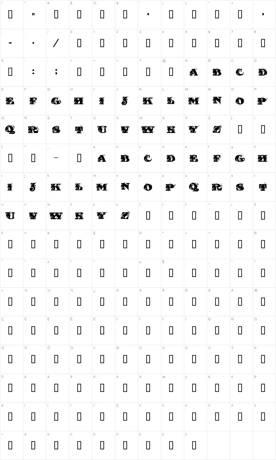 Mapa de caracteres da fonte Fantastic MF