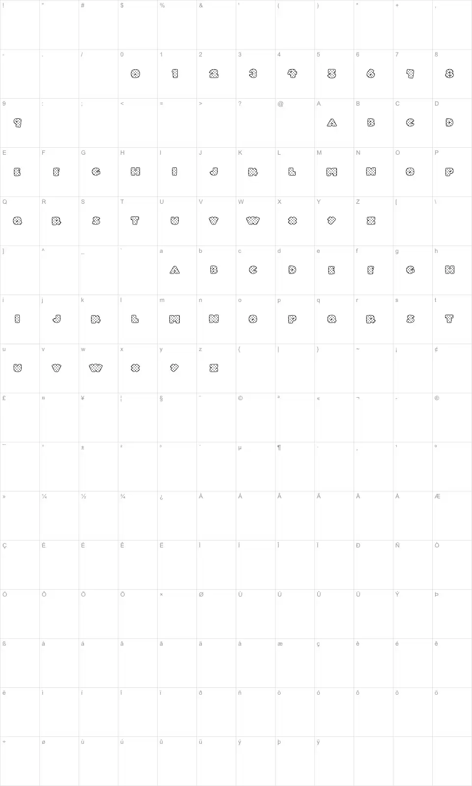 Mapa de caracteres da fonte Fatty Heart Filled