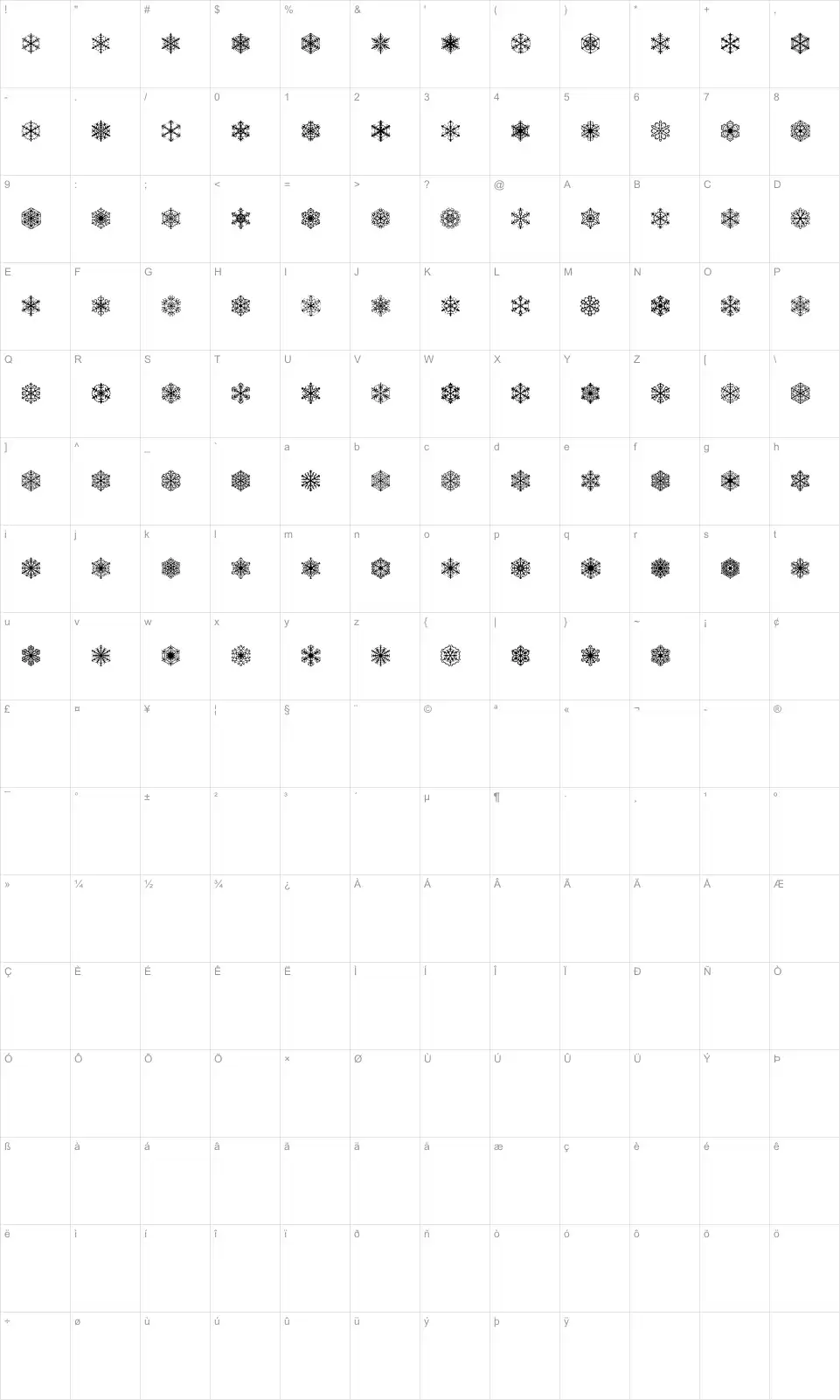 Mapa de caracteres da fonte Faux Snow