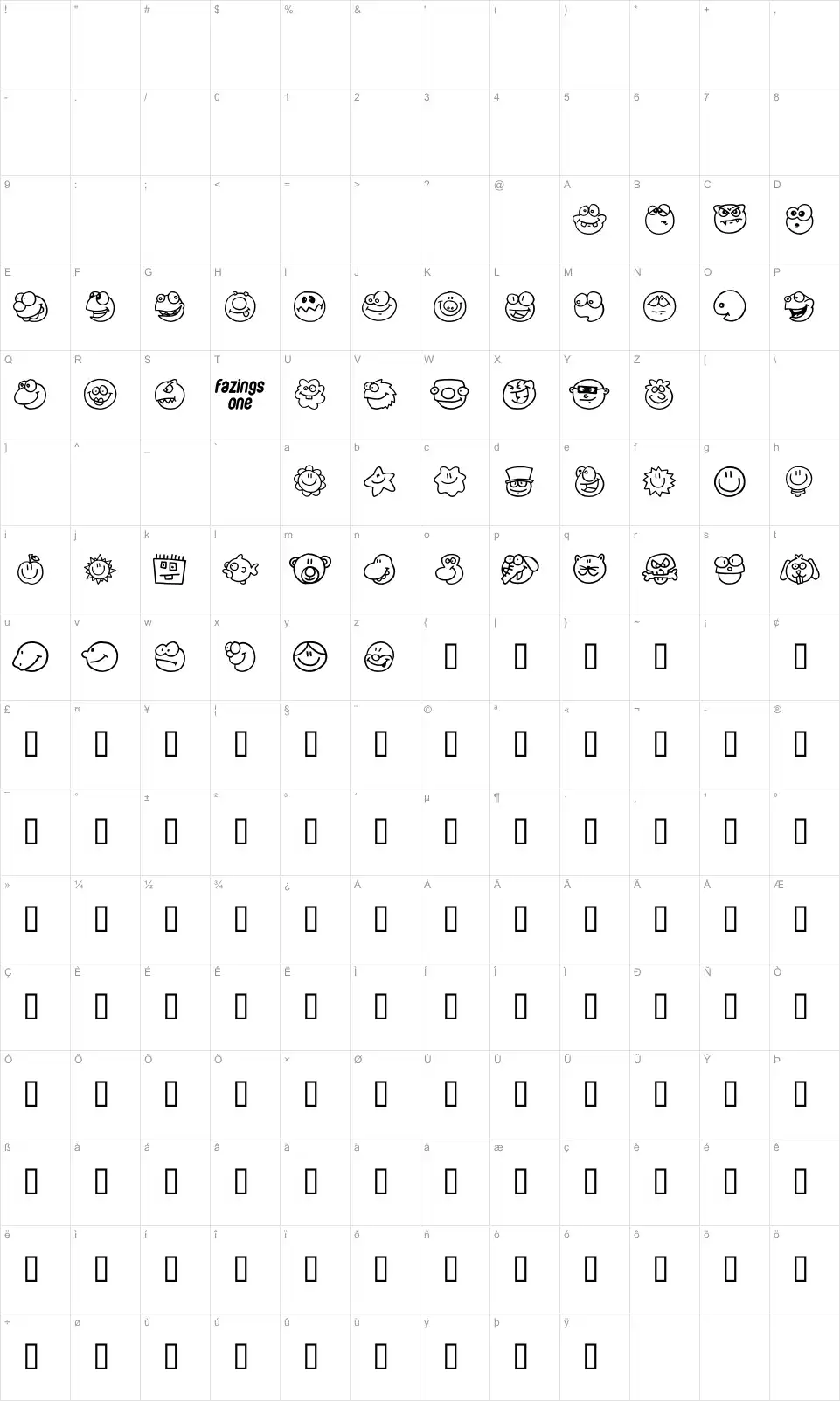 Mapa de caracteres da fonte Fazings One