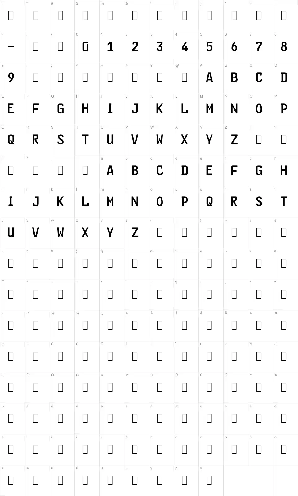 Mapa de caracteres da fonte FE-Font