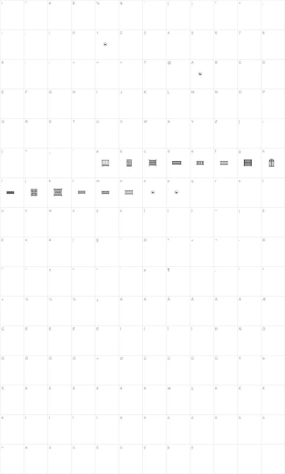 Mapa de caracteres da fonte Fenced In LT