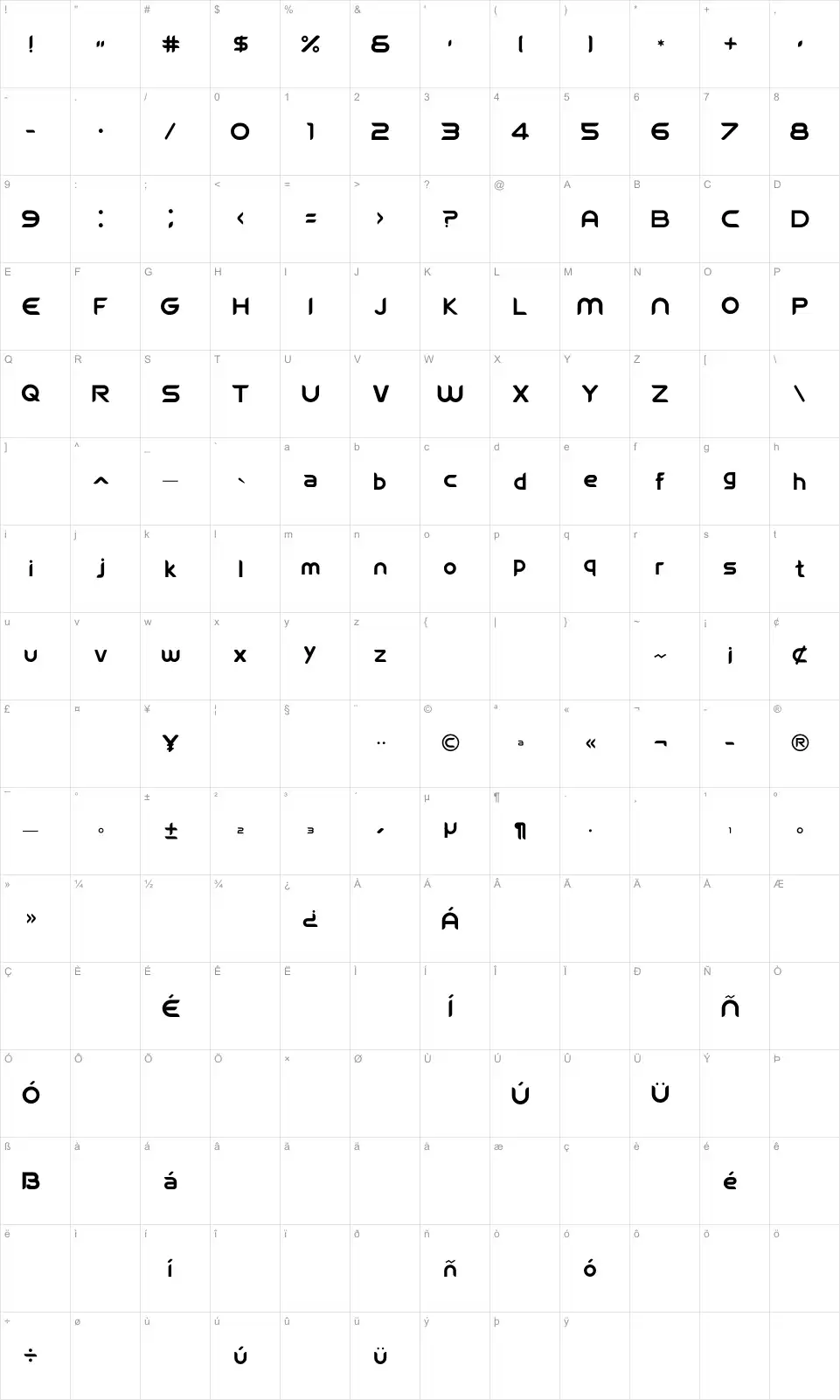 Mapa de caracteres da fonte FIFA Welcome