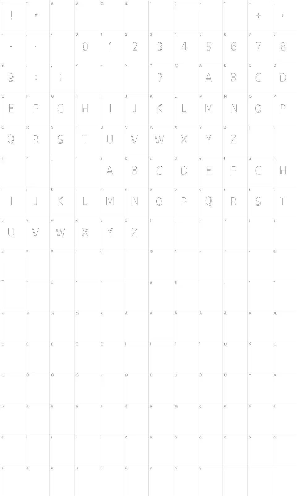 Mapa de caracteres da fonte Filament font