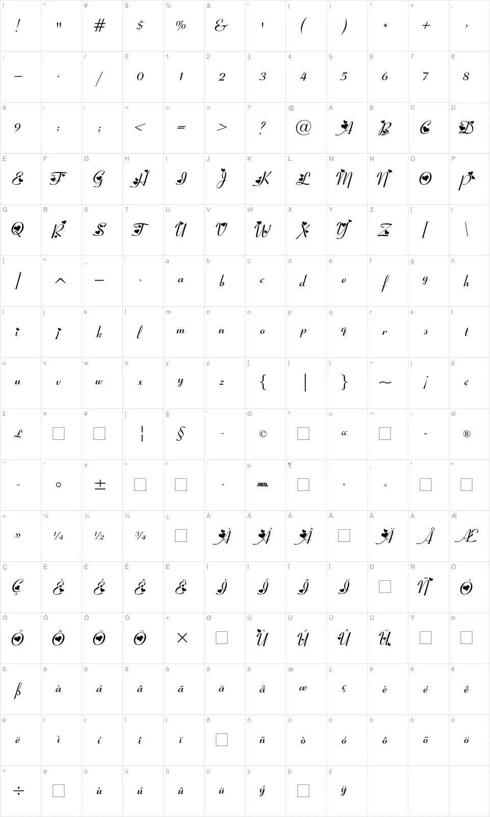 Mapa de caracteres da fonte Fiolex Girls