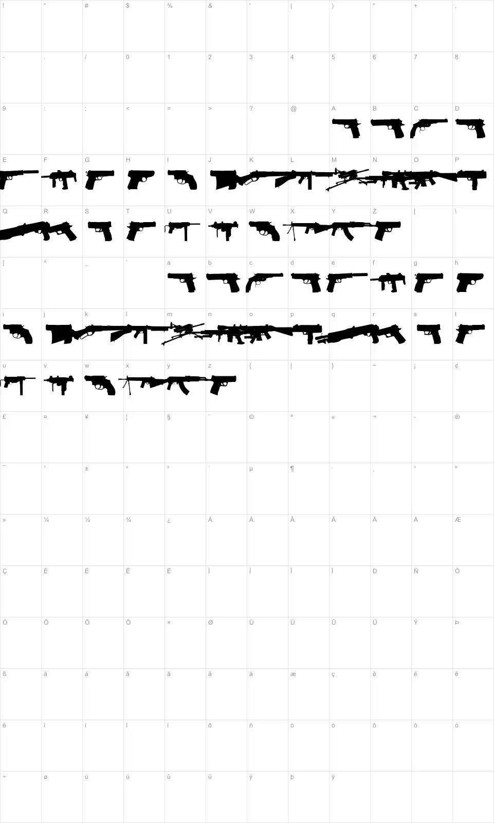 Mapa de caracteres da fonte Fireguns TFB