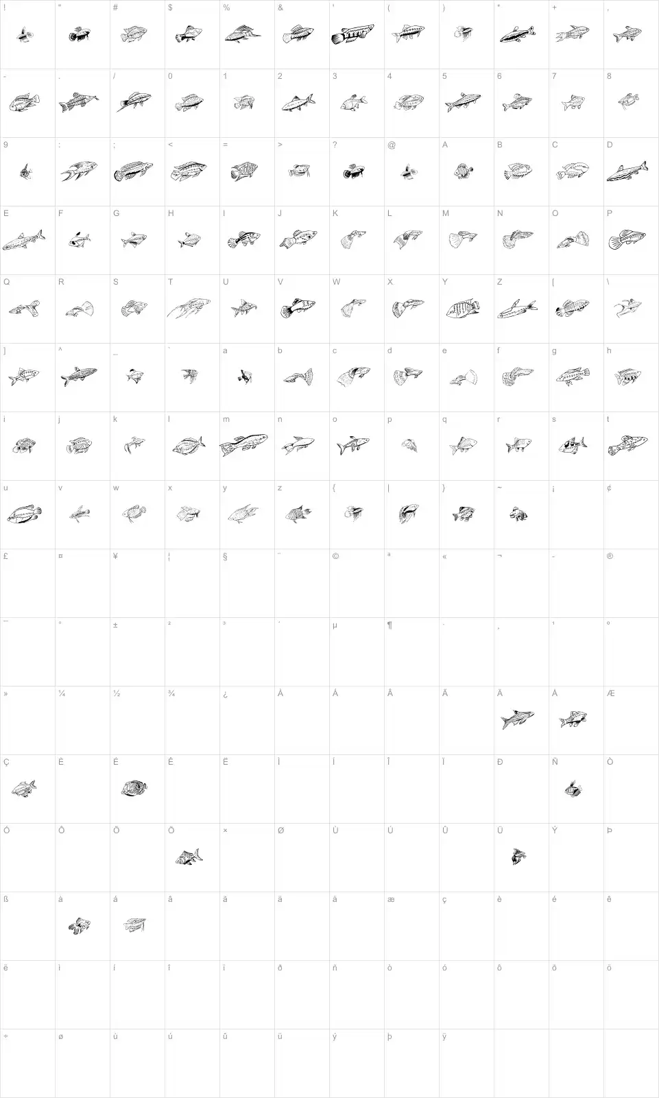 Mapa de caracteres da fonte Fishing