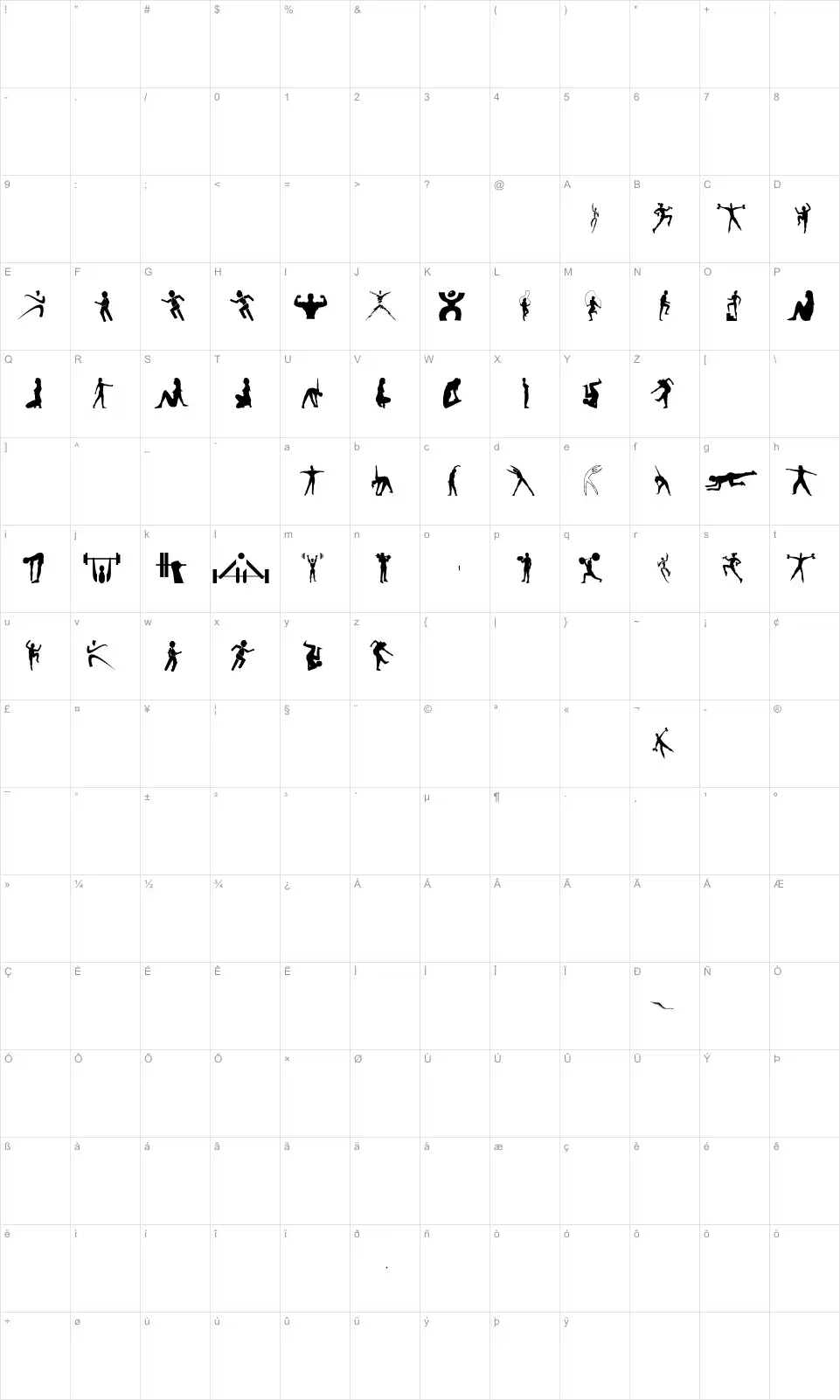 Mapa de caracteres da fonte Fitness Silhouettes