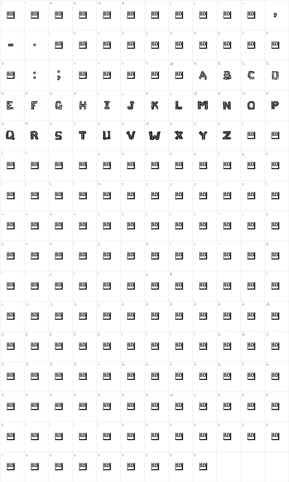 Mapa de caracteres da fonte Flak Jacket