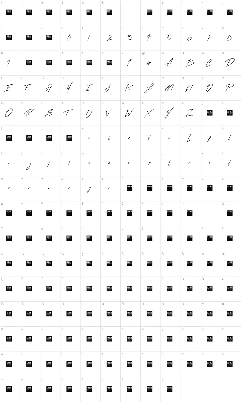 Mapa de caracteres da fonte Flash Back
