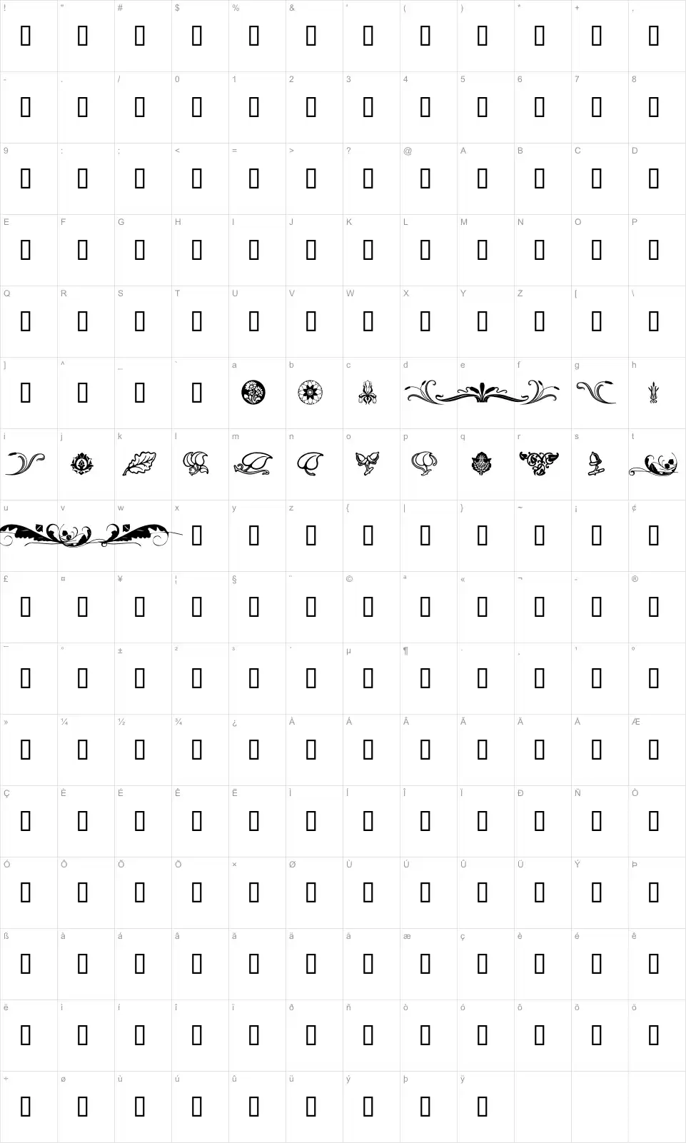 Mapa de caracteres da fonte Florals 2