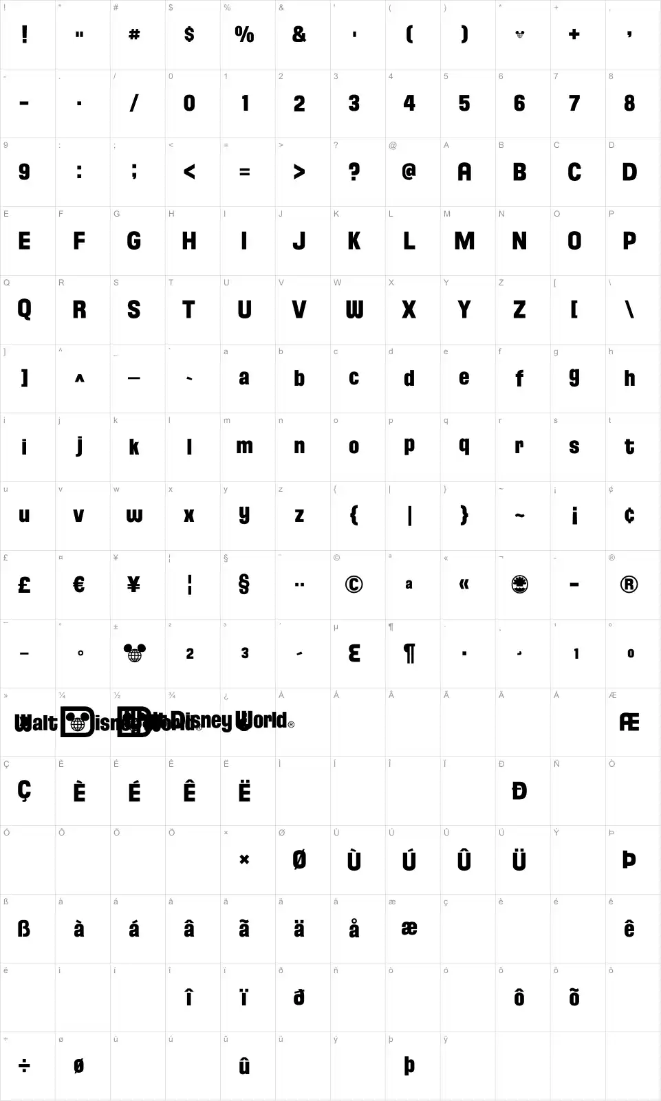 Mapa de caracteres da fonte Florida Project