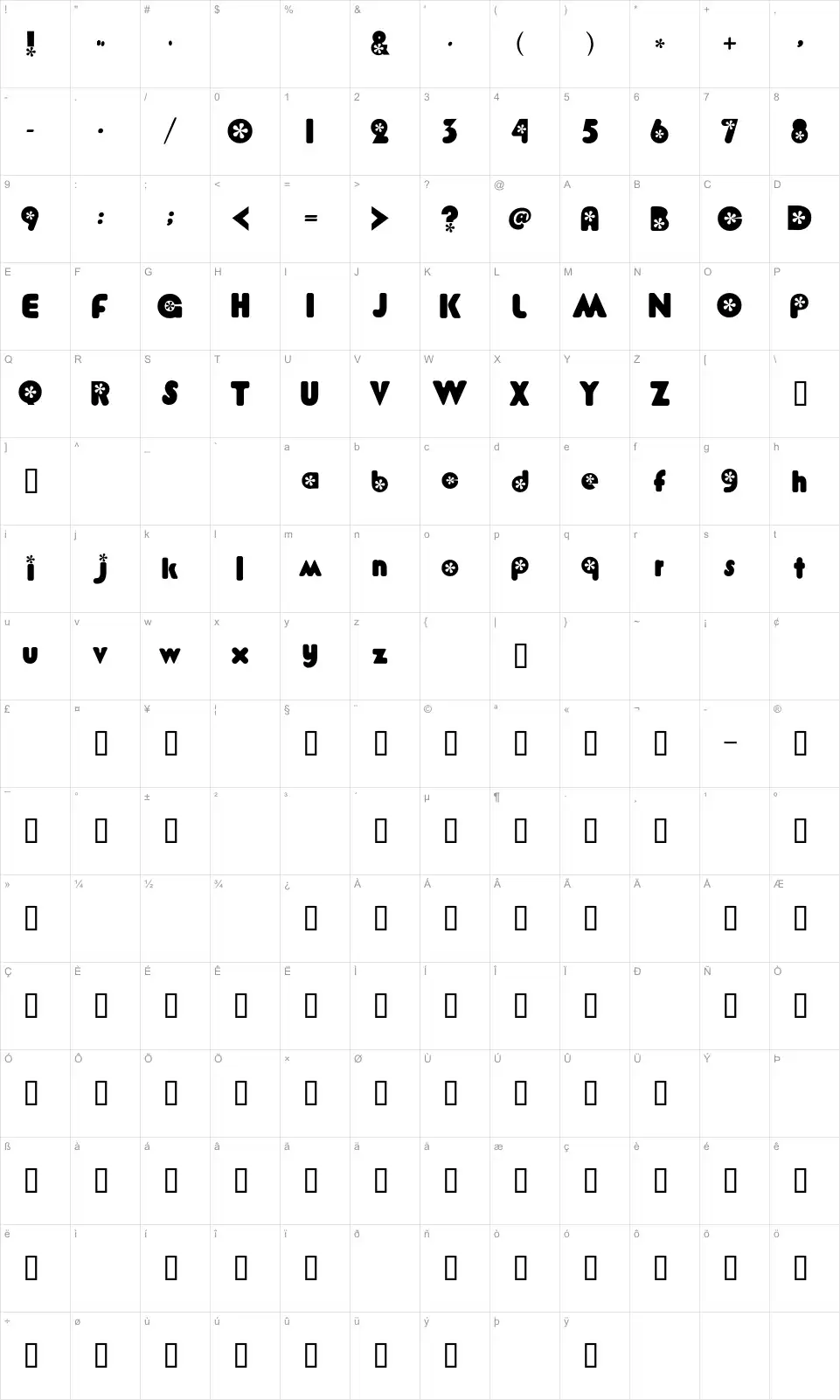 Mapa de caracteres da fonte Flower Bold