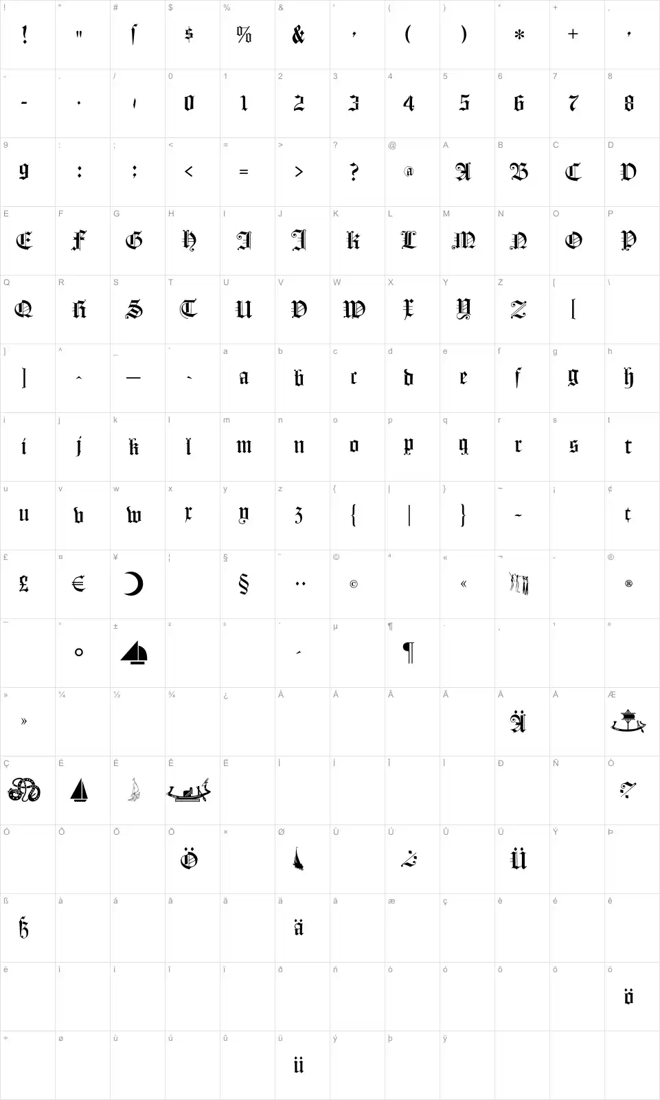 Mapa de caracteres da fonte Flying Hollander