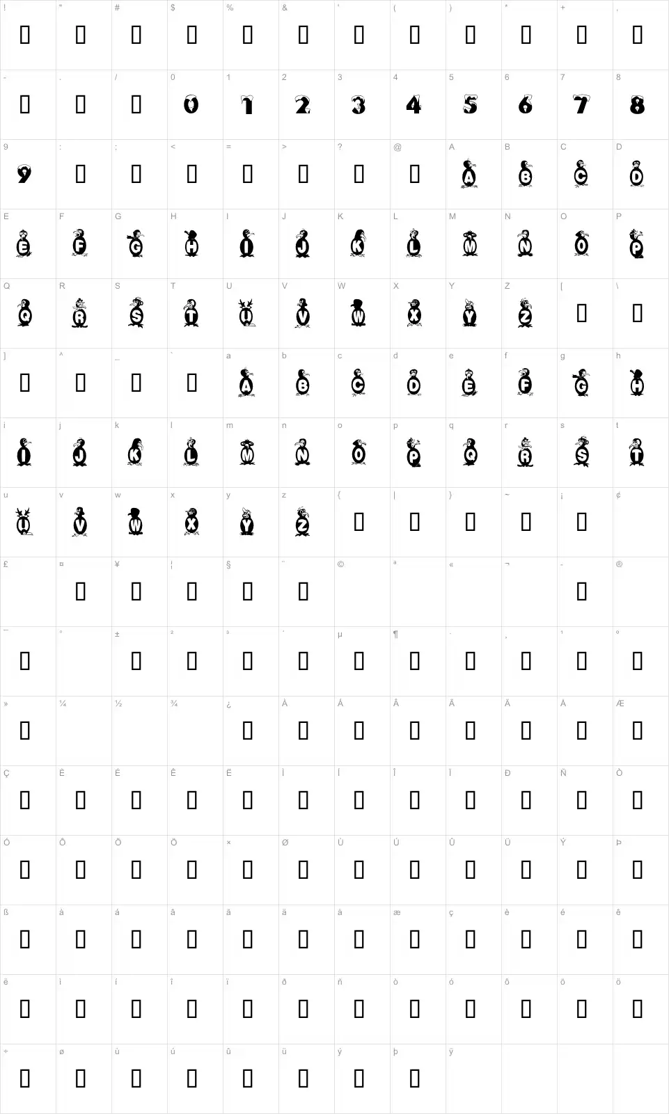 Mapa de caracteres da fonte Flying Penguin