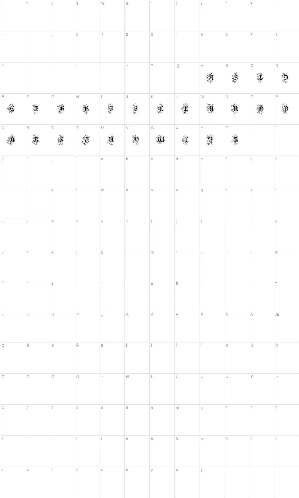 Mapa de caracteres da fonte Foliar Initials