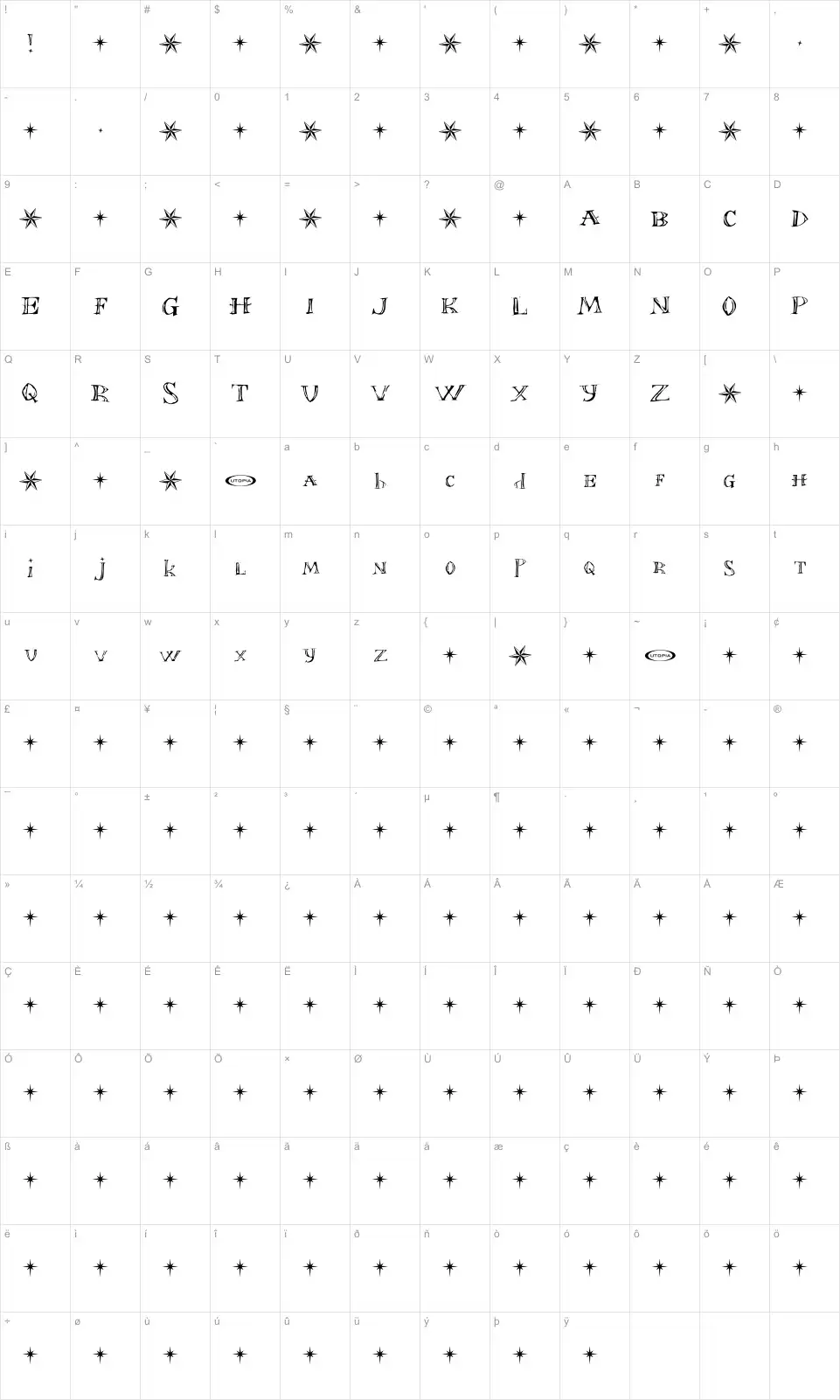 Mapa de caracteres da fonte Font in a Red Suit