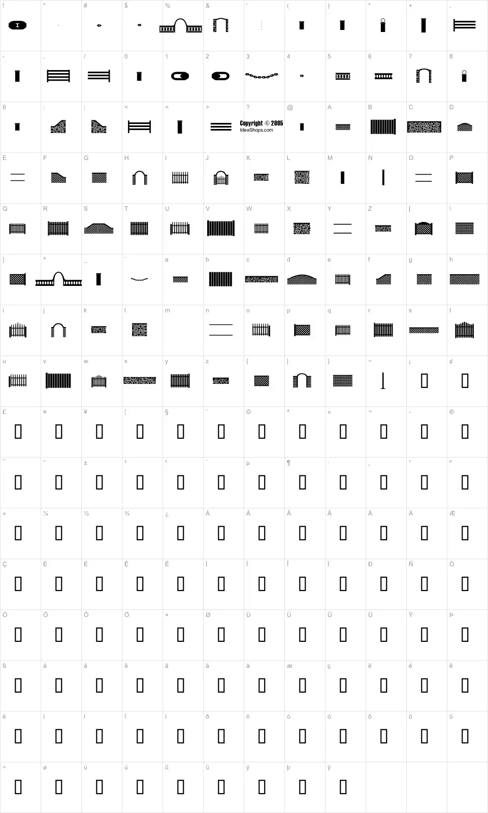Mapa de caracteres da fonte FontCo Fences