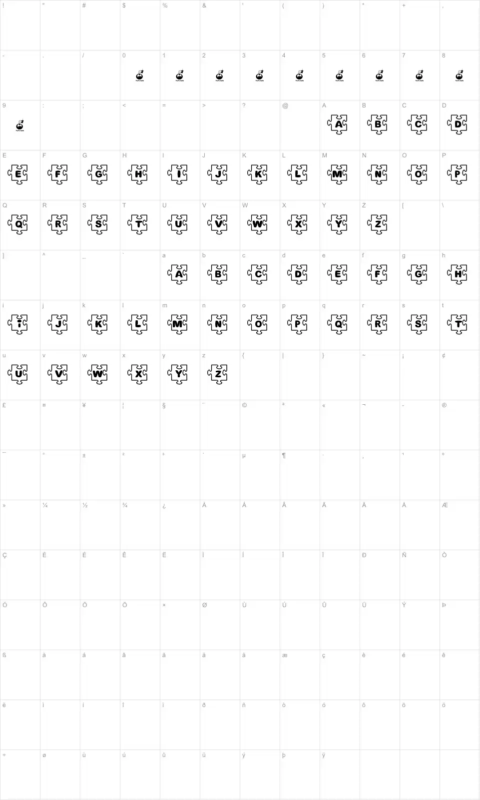 Mapa de caracteres da fonte Fonts Bomb Jigsaw