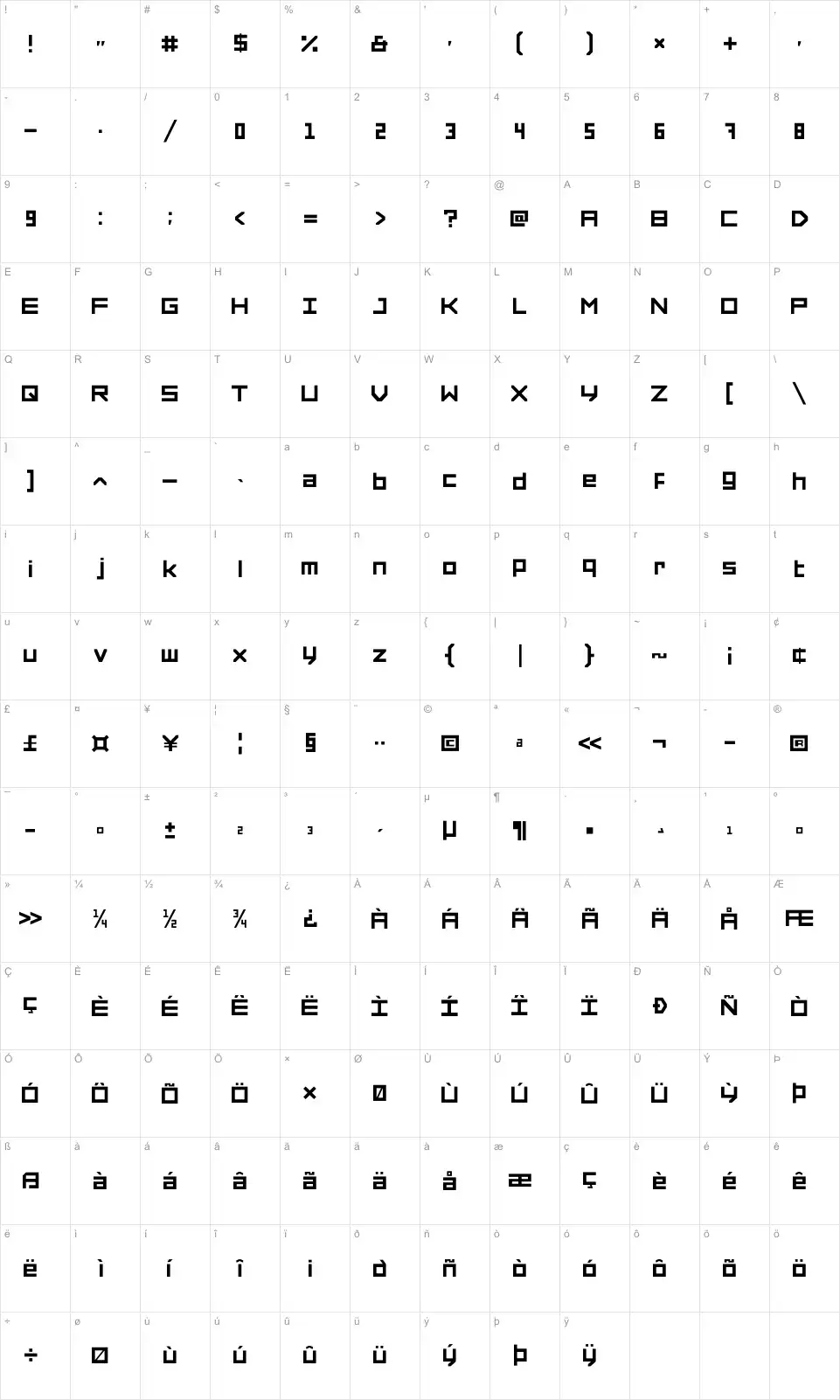 Mapa de caracteres da fonte Forced Square
