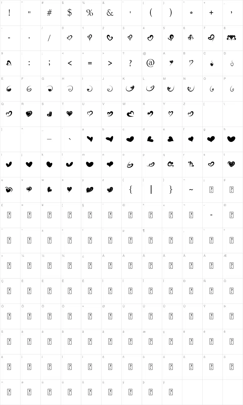 Mapa de caracteres da fonte Fotograami Hearts