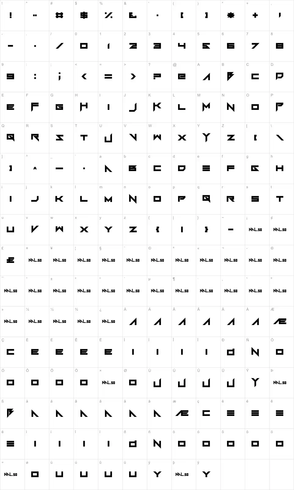 Mapa de caracteres da fonte FoughtKnight