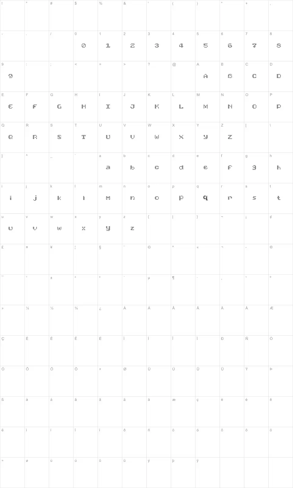Mapa de caracteres da fonte Found Receipt