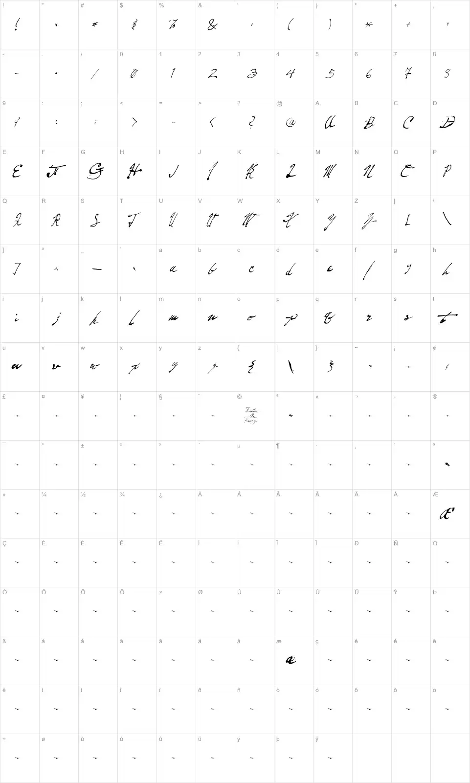 Mapa de caracteres da fonte Fountain Pen Frenzy