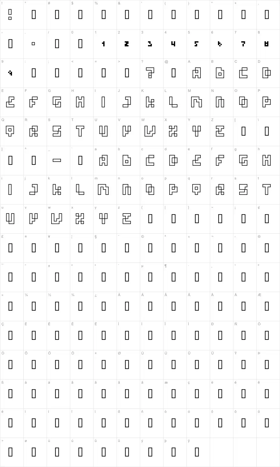 Mapa de caracteres da fonte Four Pixel Caps