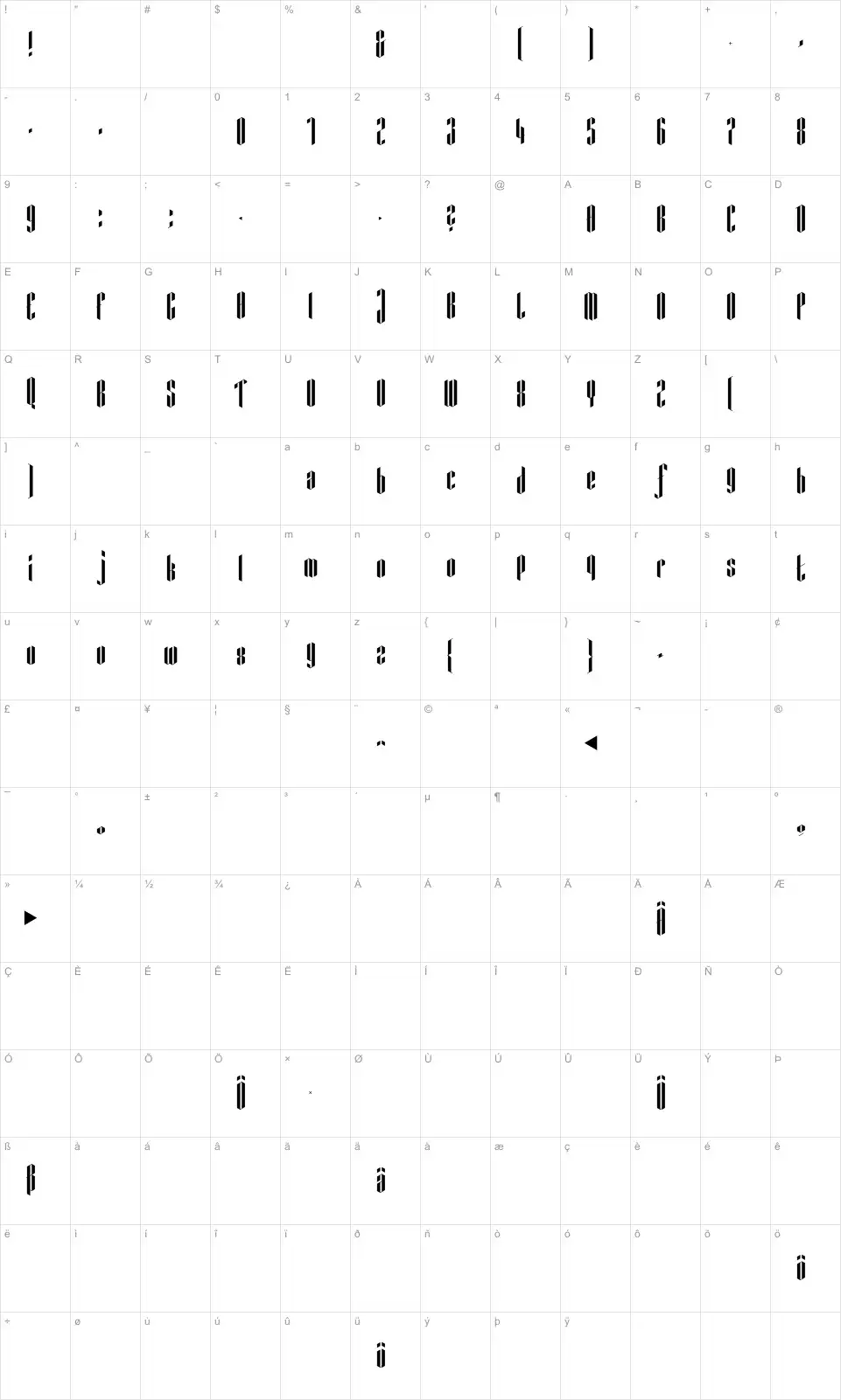 Mapa de caracteres da fonte Fracmetrica Black