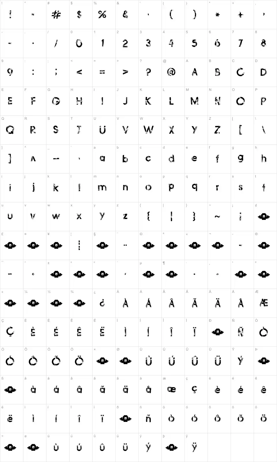 Mapa de caracteres da fonte Frail & Bedazzled