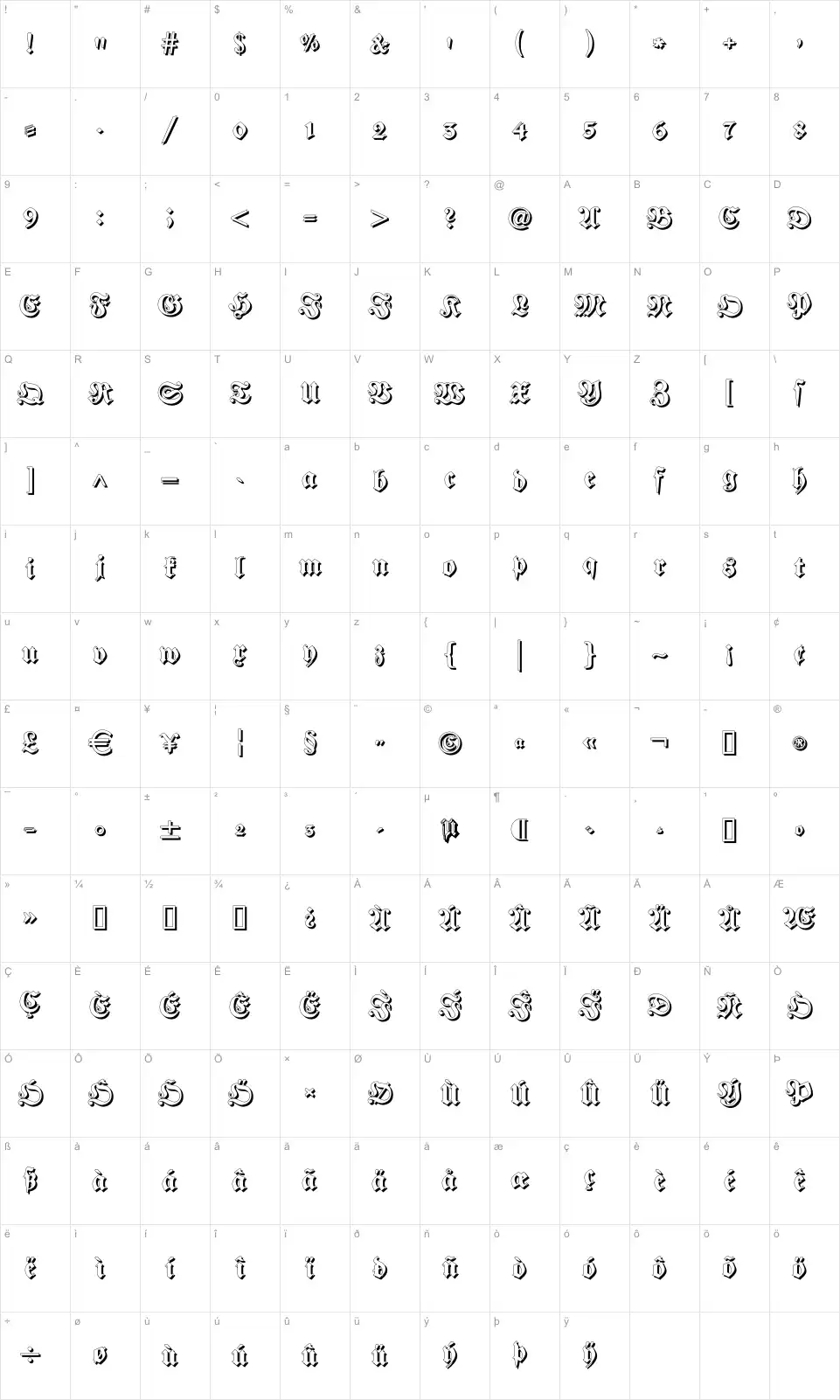 Mapa de caracteres da fonte Fraktur Shadowed