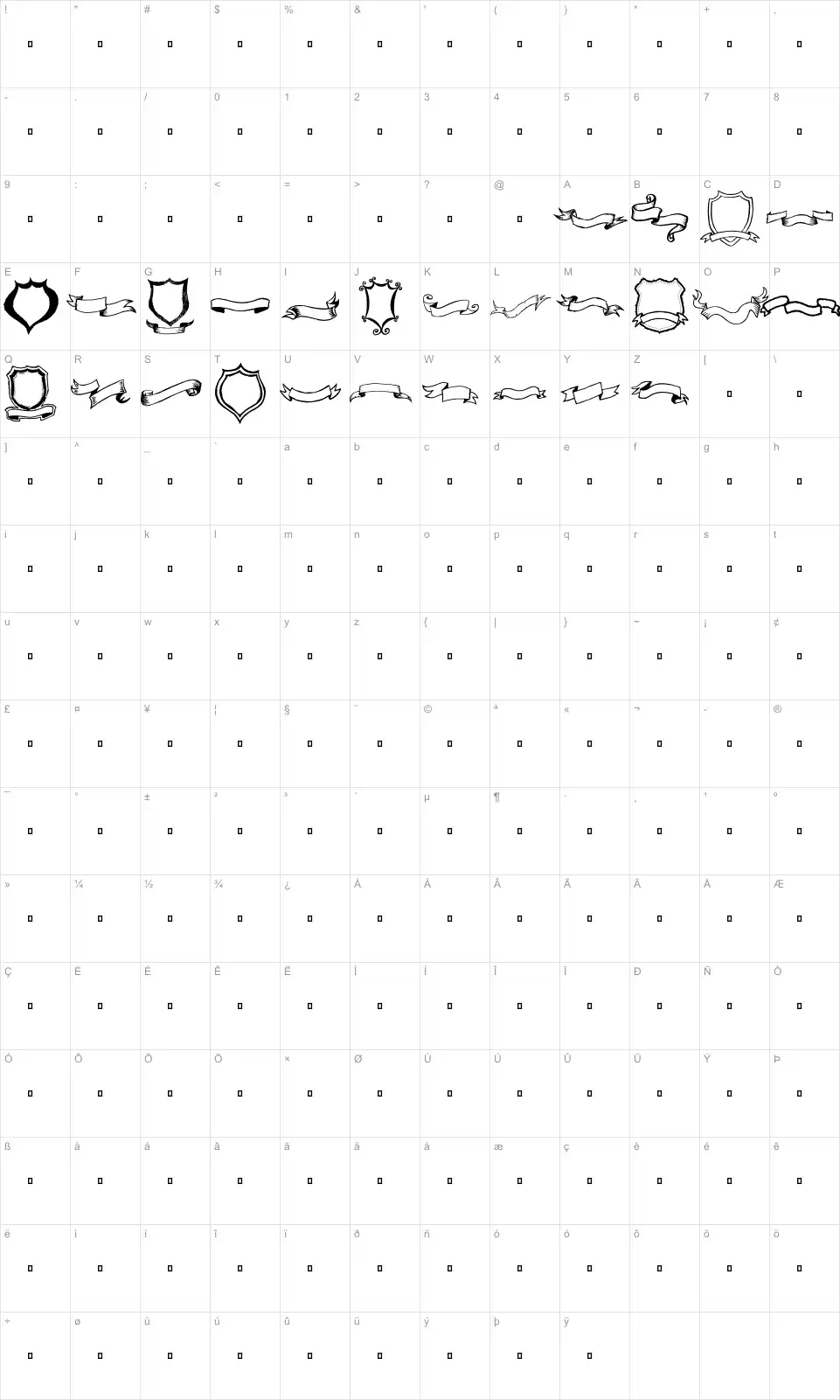 Mapa de caracteres da fonte Frames 'n Riboons
