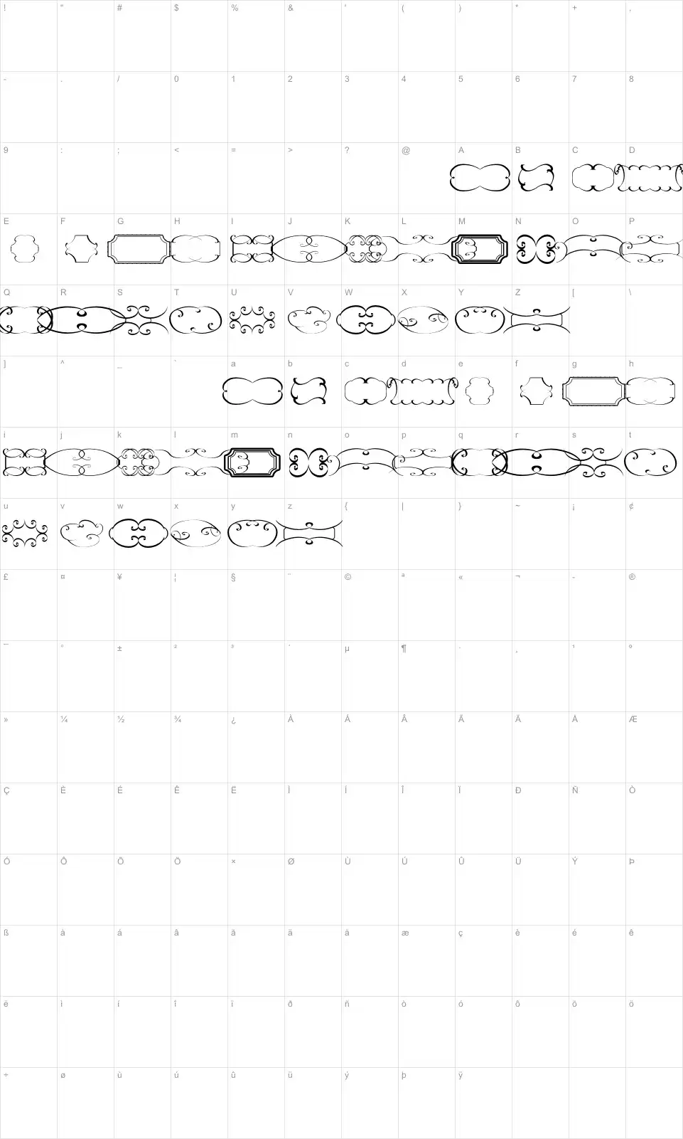 Mapa de caracteres da fonte Frames TFB