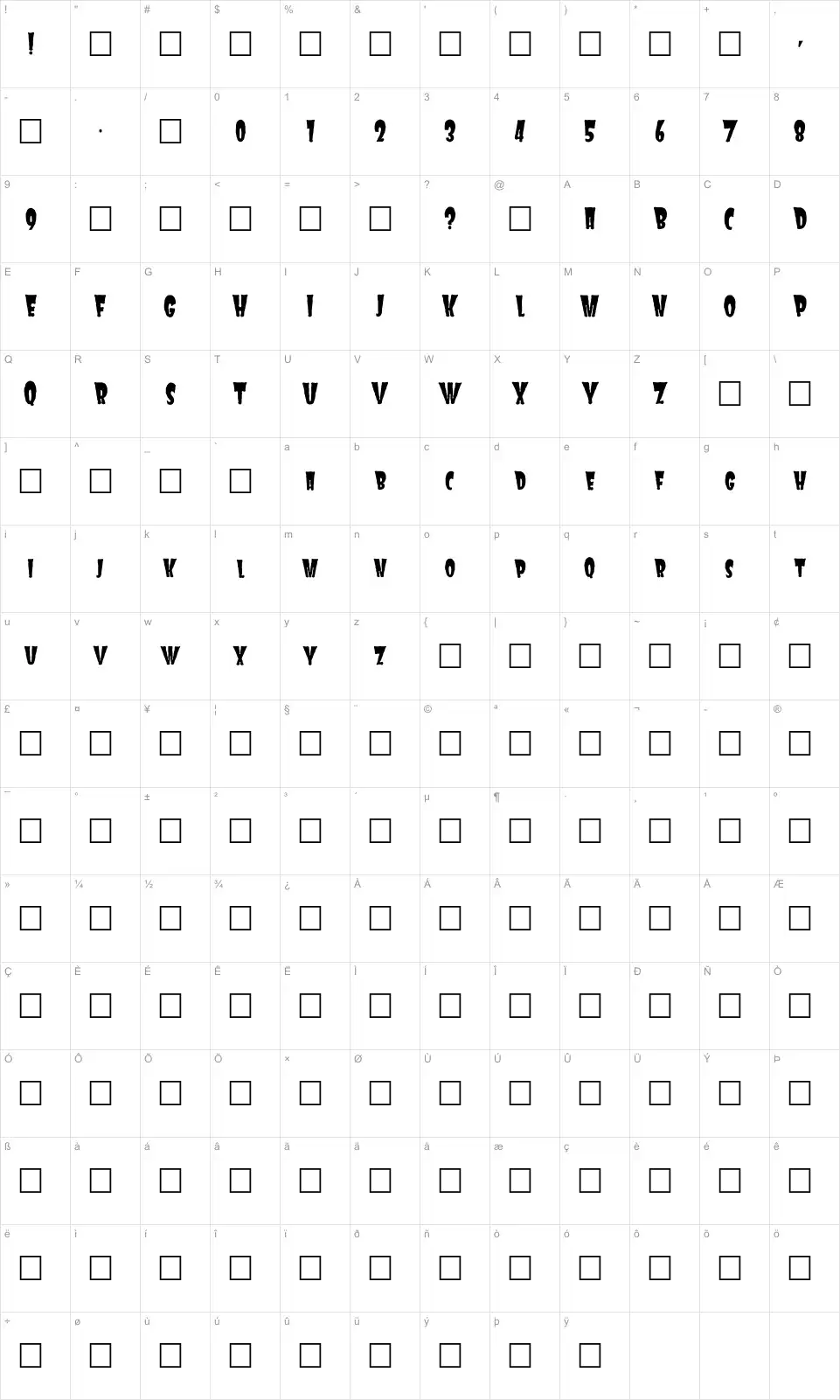 Mapa de caracteres da fonte Frankie