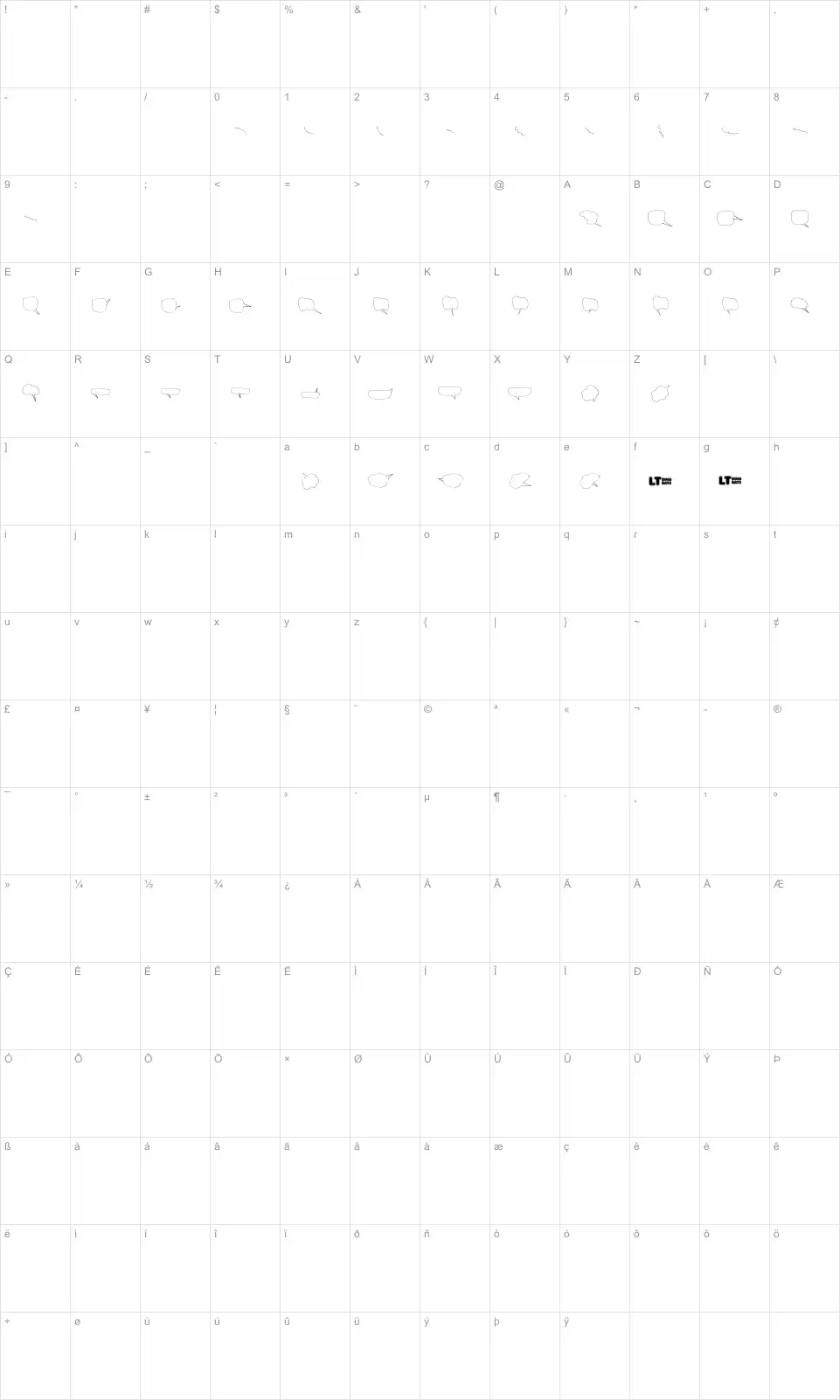 Mapa de caracteres da fonte Freaky Comment Balloons LT