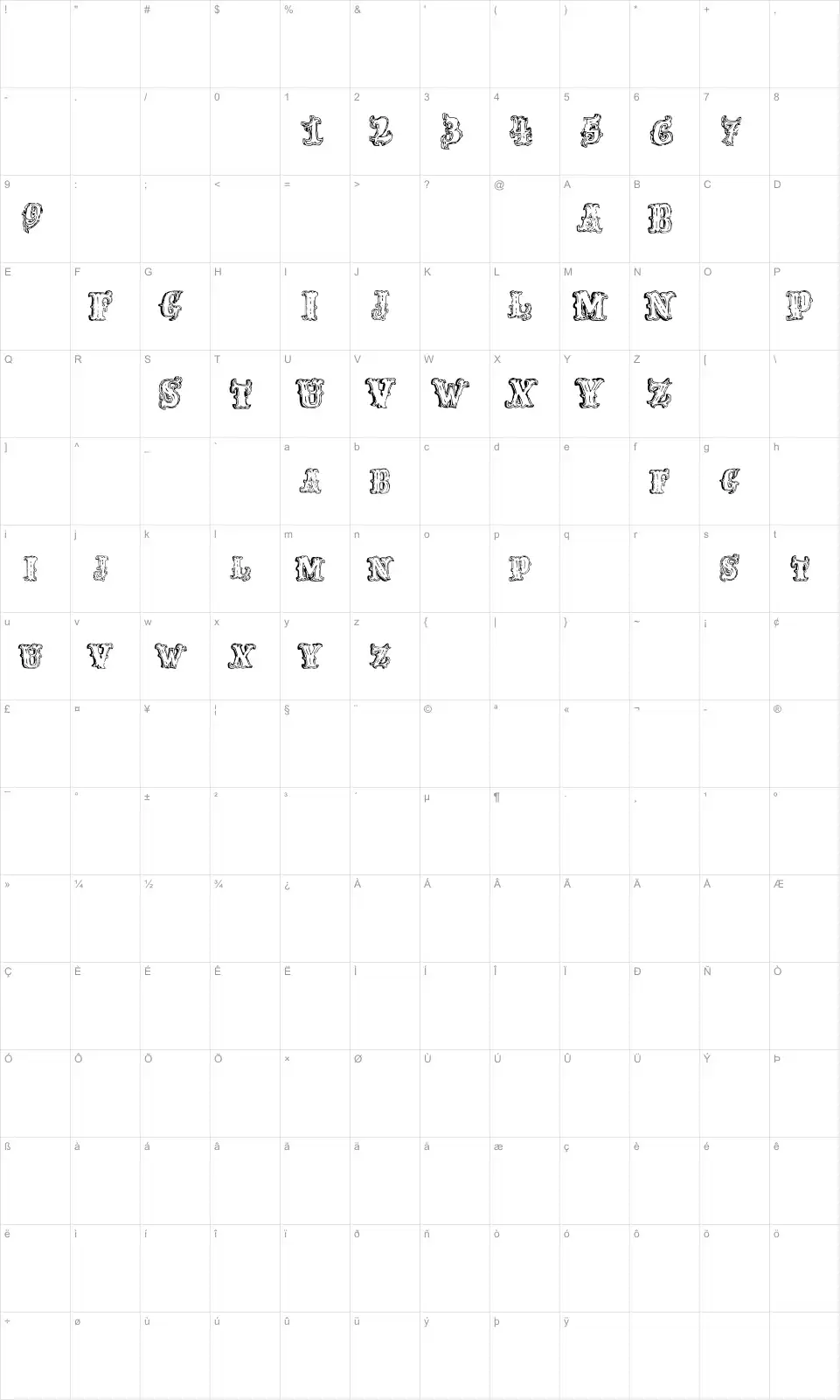 Mapa de caracteres da fonte Fred Wild West