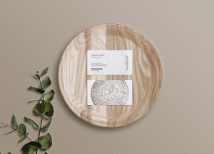 Free Business Card Mockup on Wooden Tray (PSD)