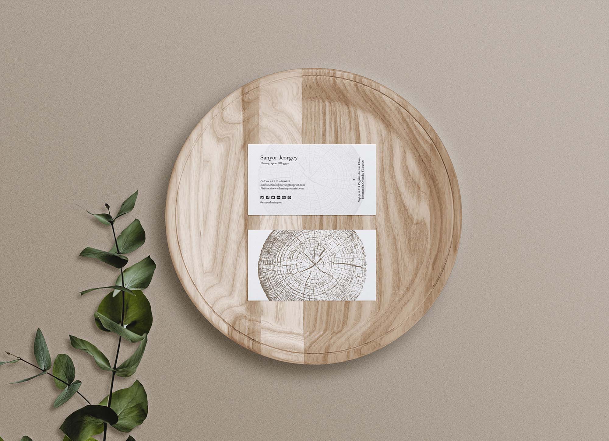 Free Business Card Mockup on Wooden Tray (PSD)