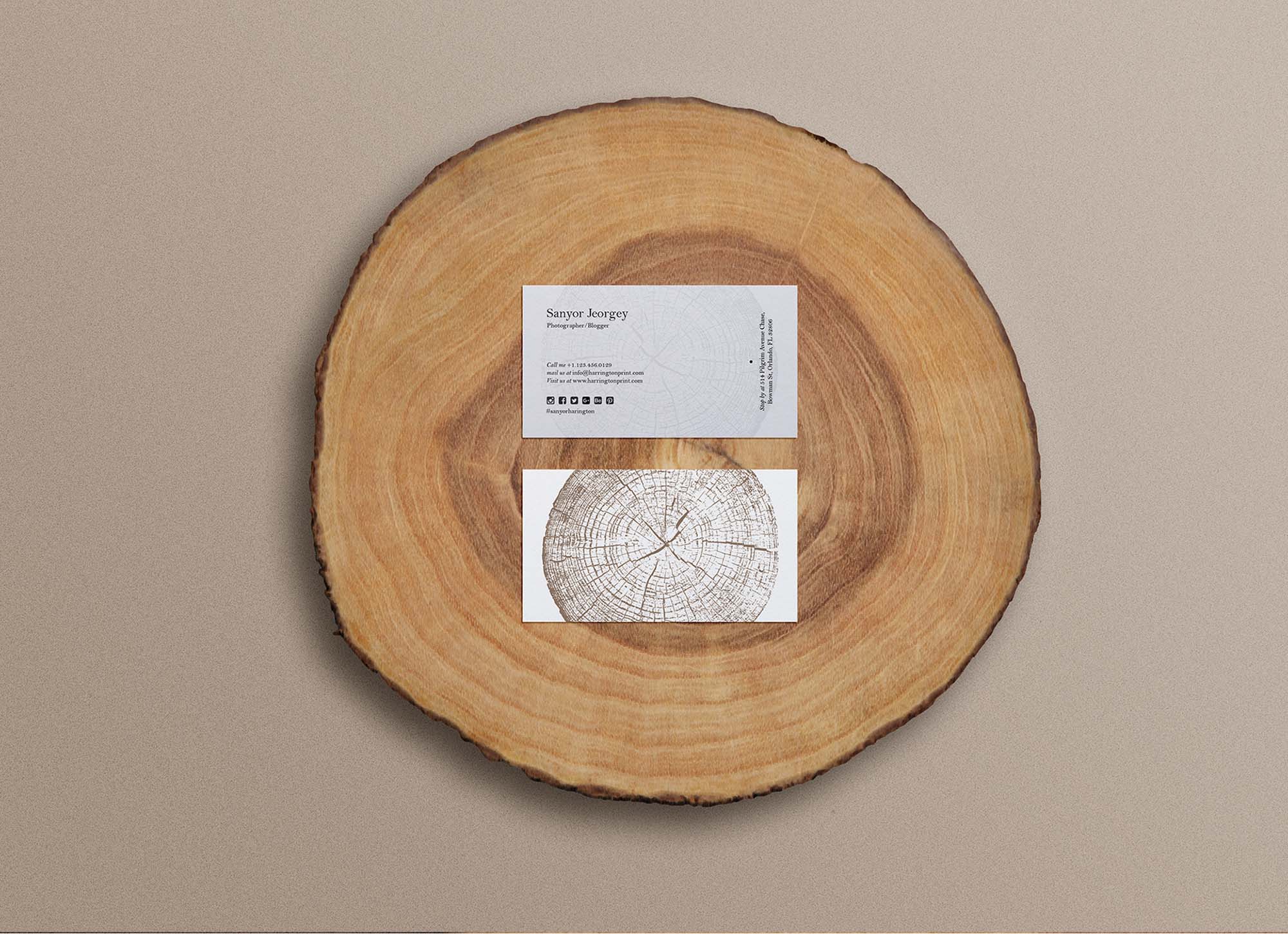 Free Business Card on Wood Slice Mockup (PSD)
