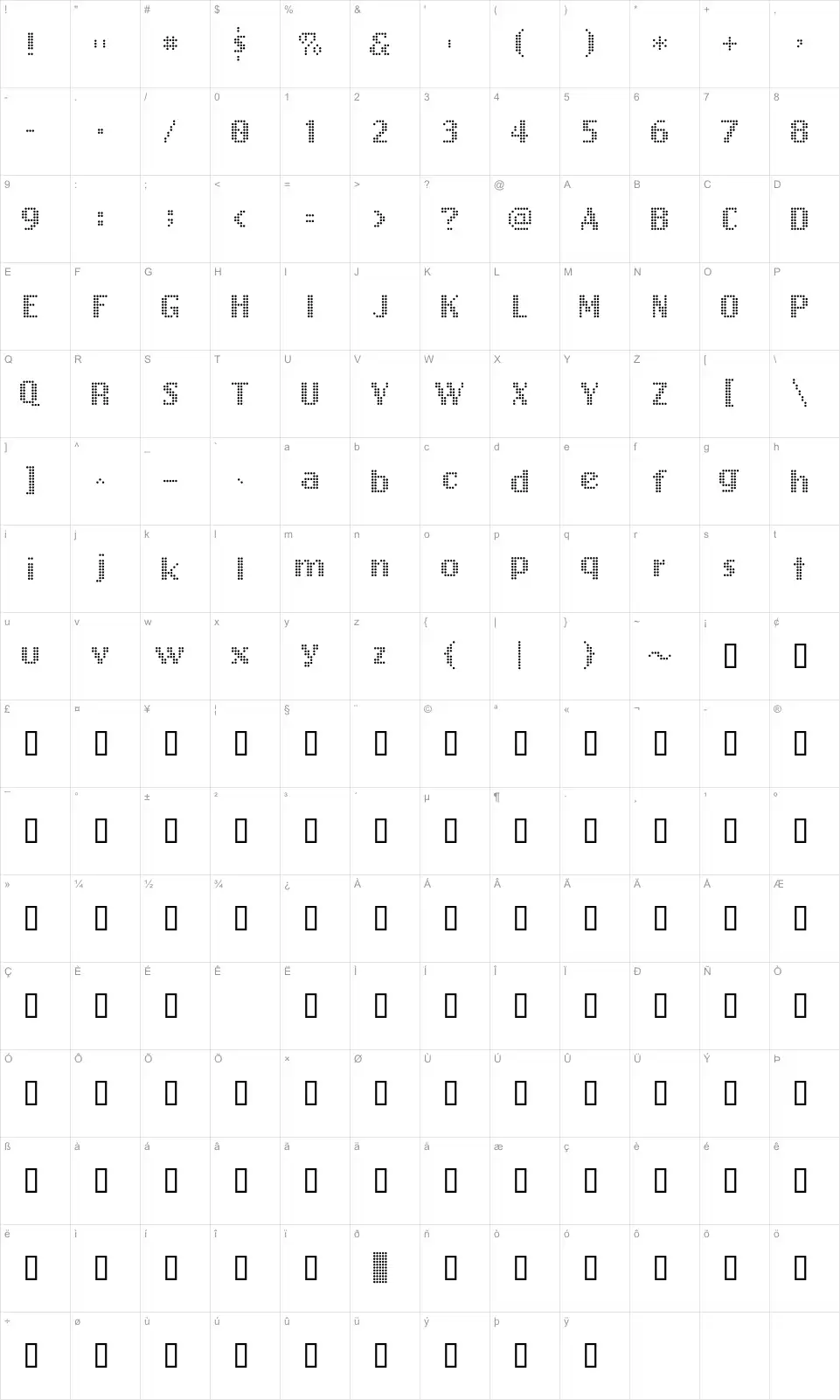 Mapa de caracteres da fonte Free Design 001