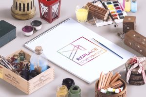 Free Isometric Art Equipments Mockup (PSD)
