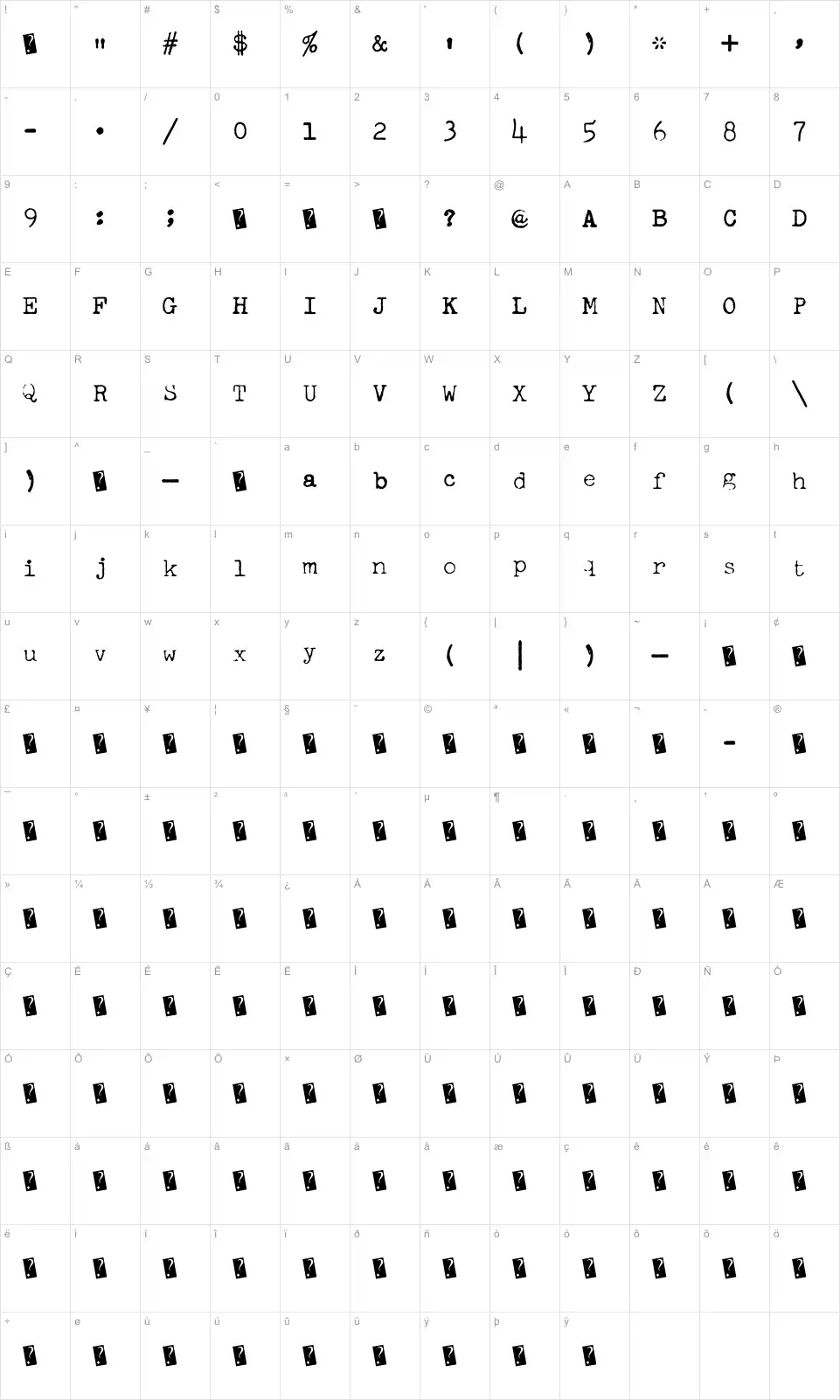 Mapa de caracteres da fonte Freeky Typewriter
