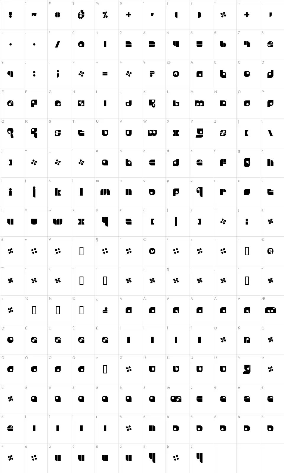 Mapa de caracteres da fonte Freestyle