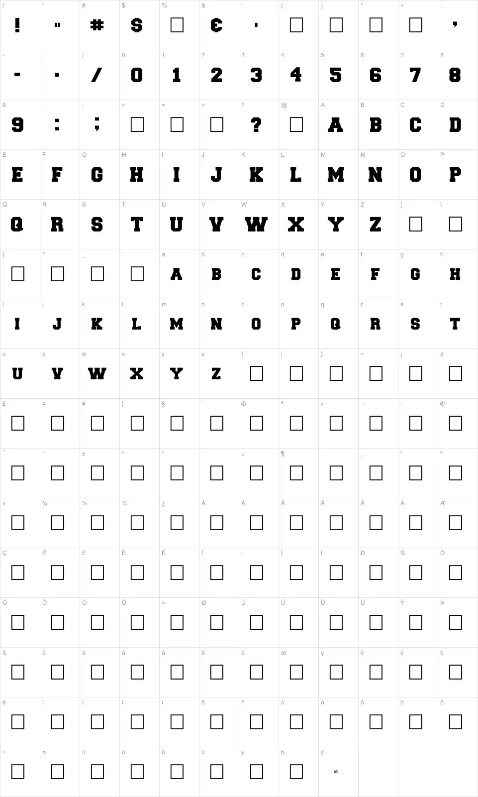 Mapa de caracteres da fonte Freshman