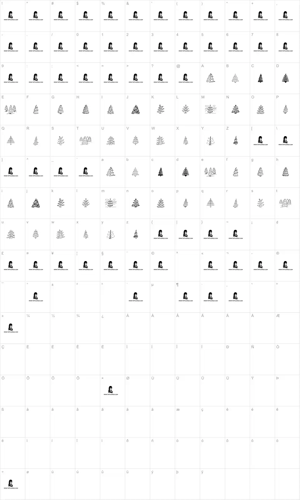 Mapa de caracteres da fonte Fun Christmas Trees