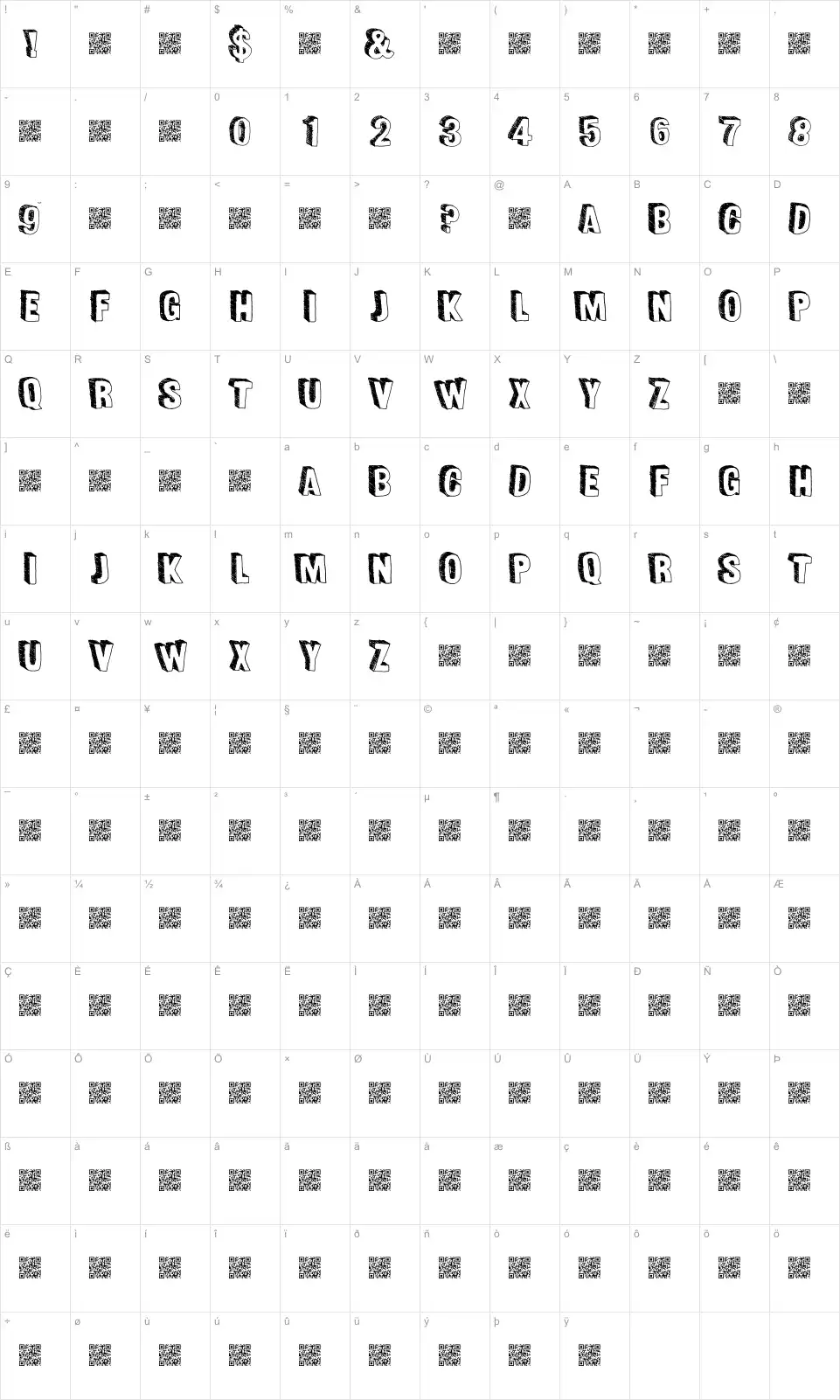 Mapa de caracteres da fonte Fun Sized