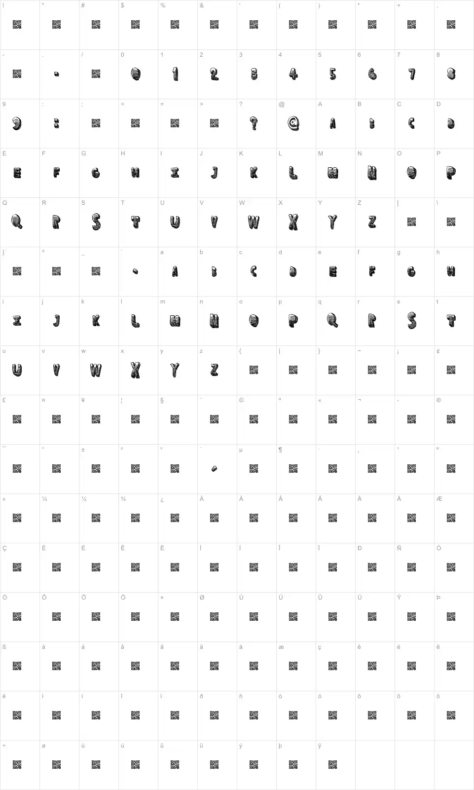 Mapa de caracteres da fonte Fun Space