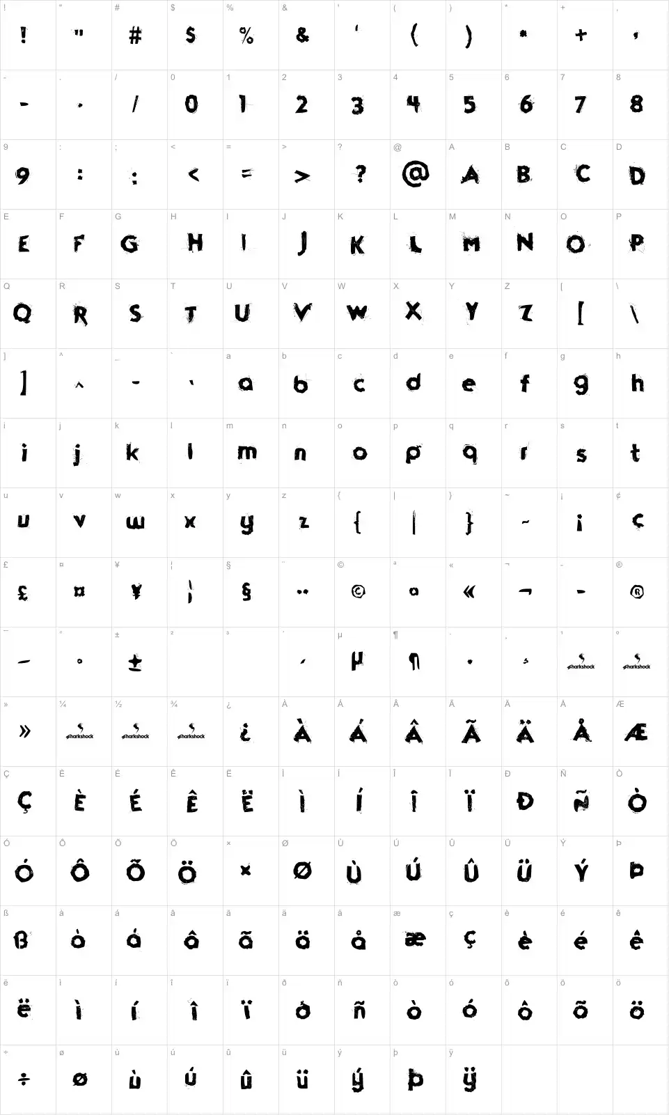 Mapa de caracteres da fonte Funkrocker
