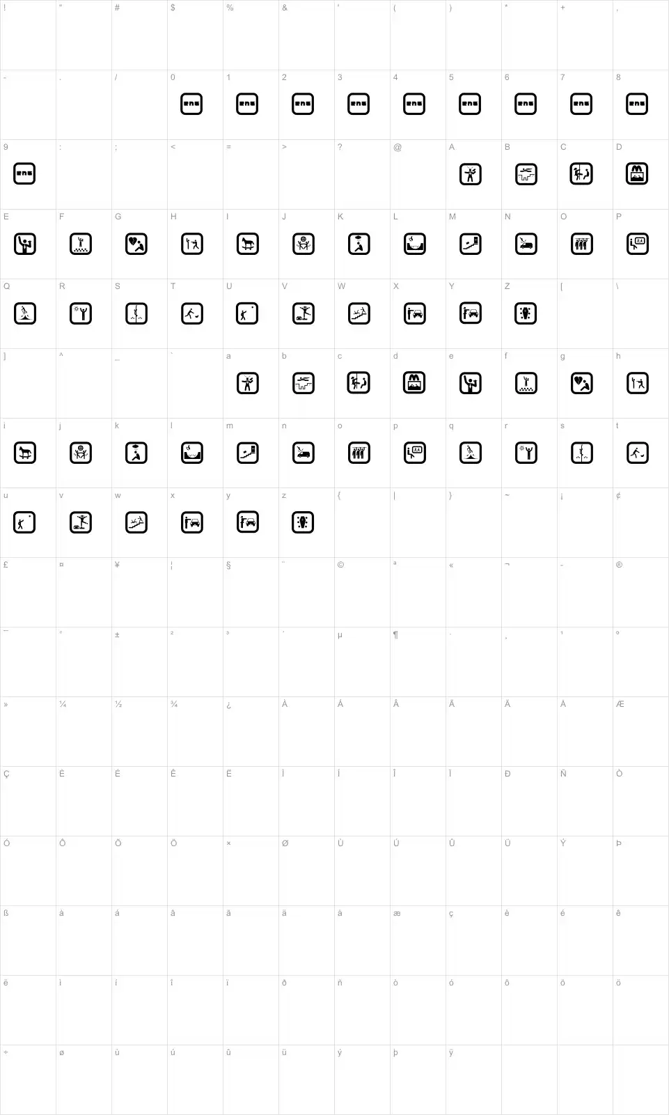 Mapa de caracteres da fonte Funny Icon